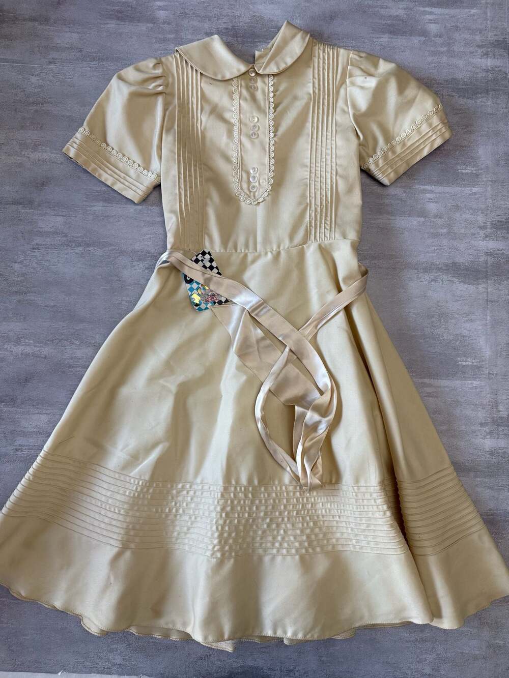 Vintage Alem Girls Cream Satin Party Dress with Peter Pan Collar and Pleated Hem